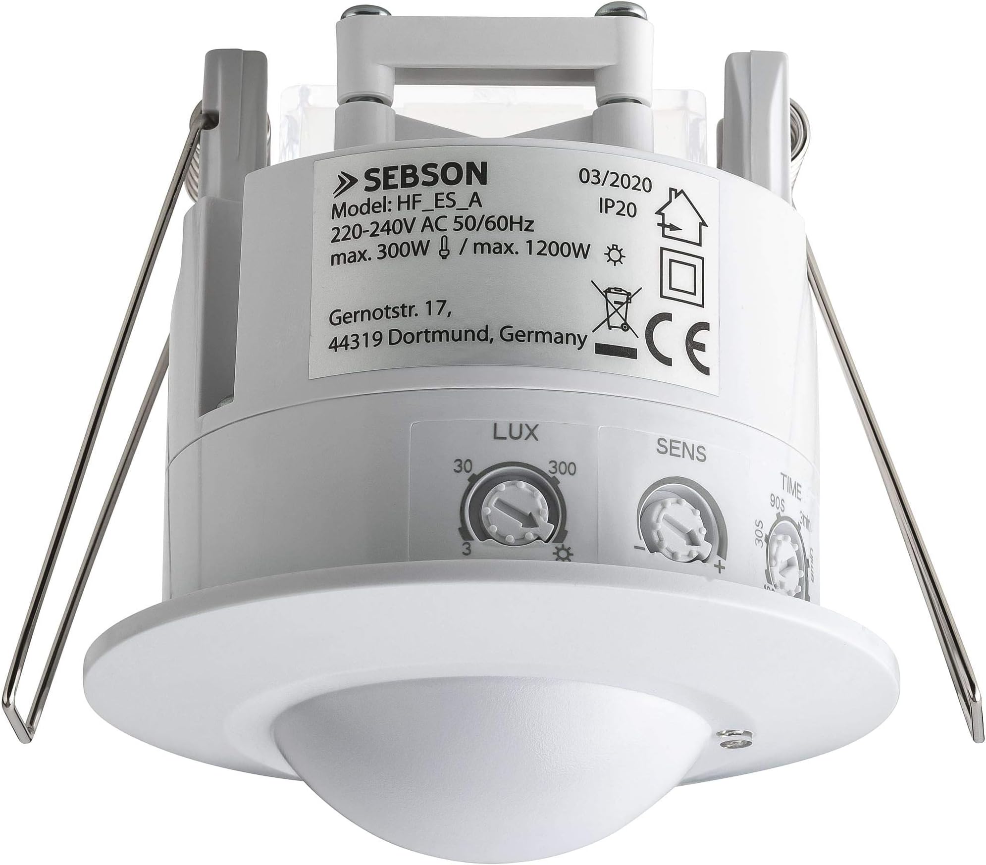 SEBSON Motion Detector Indoor, Flush mounted, HF Sensor LED suitable, Ceiling Mounting, programmable, Movement Sensor Range 2-16m/ 360°, max. 1200/300W