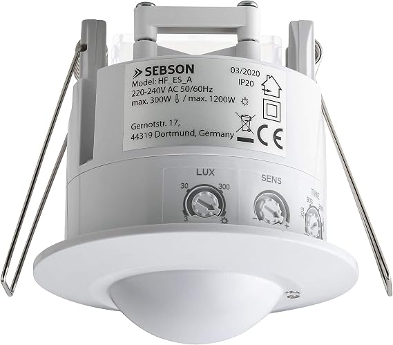 SEBSON Indoor Motion Sensor Flush-Mounted HF Sensor LED Suitable for Ceiling Mounting Programmable Motion Sensor 2-16 m / 360° 3-Wire White