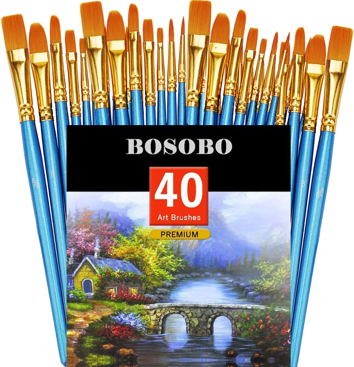 BOSOBO Pointed-Round Paint Brush, 4 Sets of 10 Pieces Fine Tip Nylon Hair Miniature Paint Brushes for Acrylic Oil Watercolor Gouache, Artist Face Nail Body, Paint by Numbers, Model Craft & Rock Art