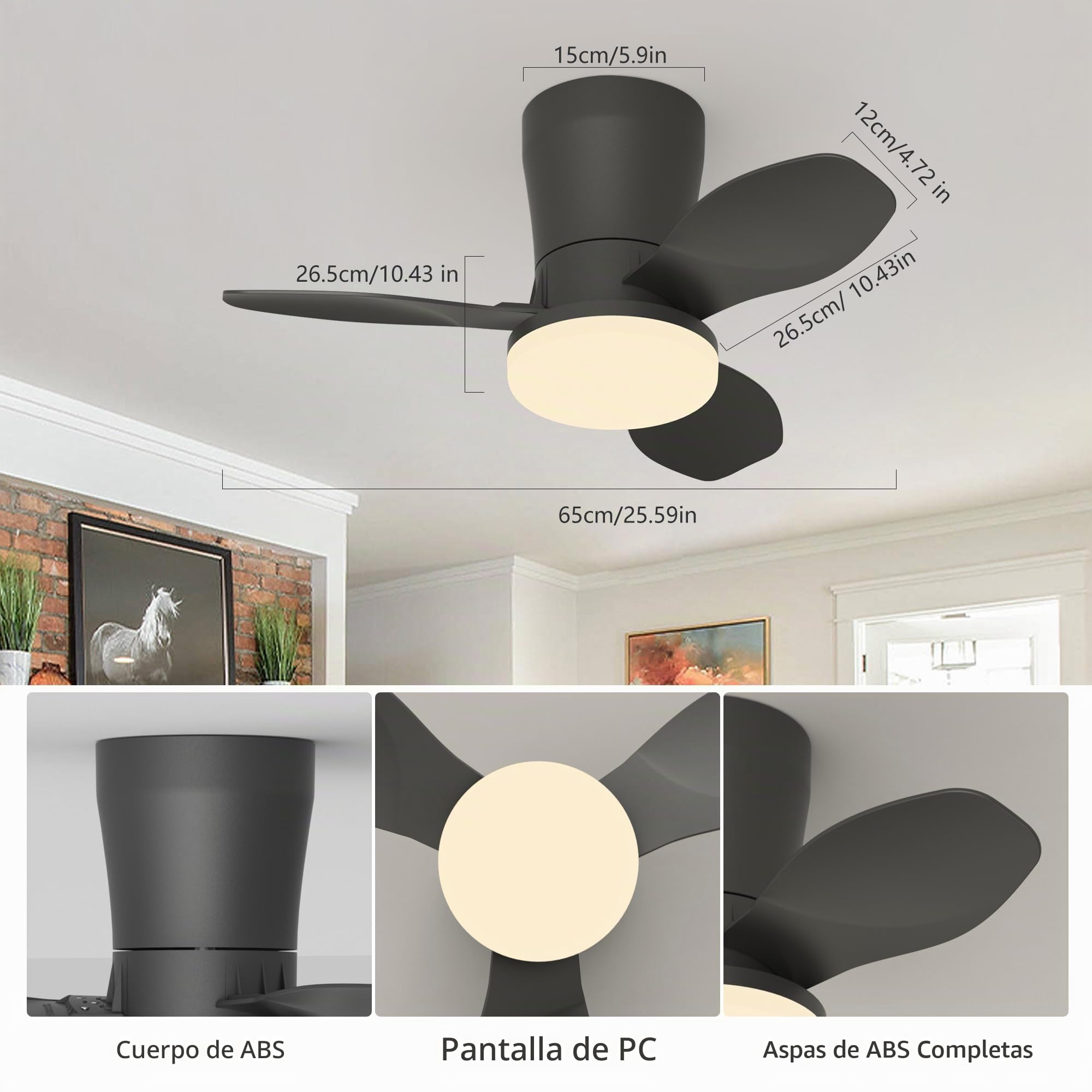 Qcyuui Ventilador de Techo con Luz Silencioso 65cm LED Negro Moteur DC Reversible Mando a Distancia 6 Velocidades Temporizador Brillo Ajustable Control ABS+PC para Salón Dormitorio Comedor