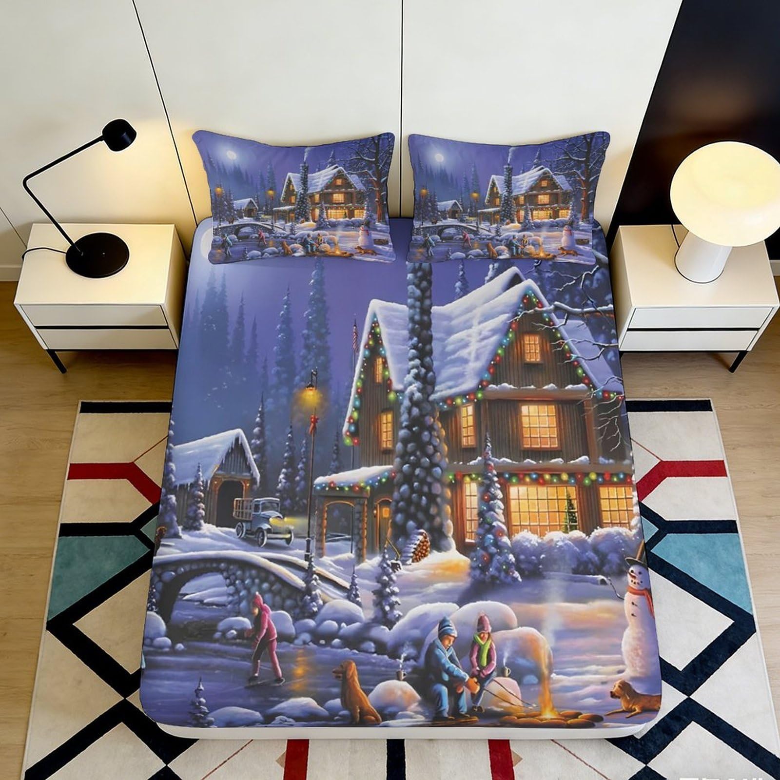 3D Printed Winter Cabin Fitted Sheet Microfiber Soft Breathable Snowy Village Bed Cover for Bedroom Dormitory Guest Room Mattress Protection 200x200x25cm