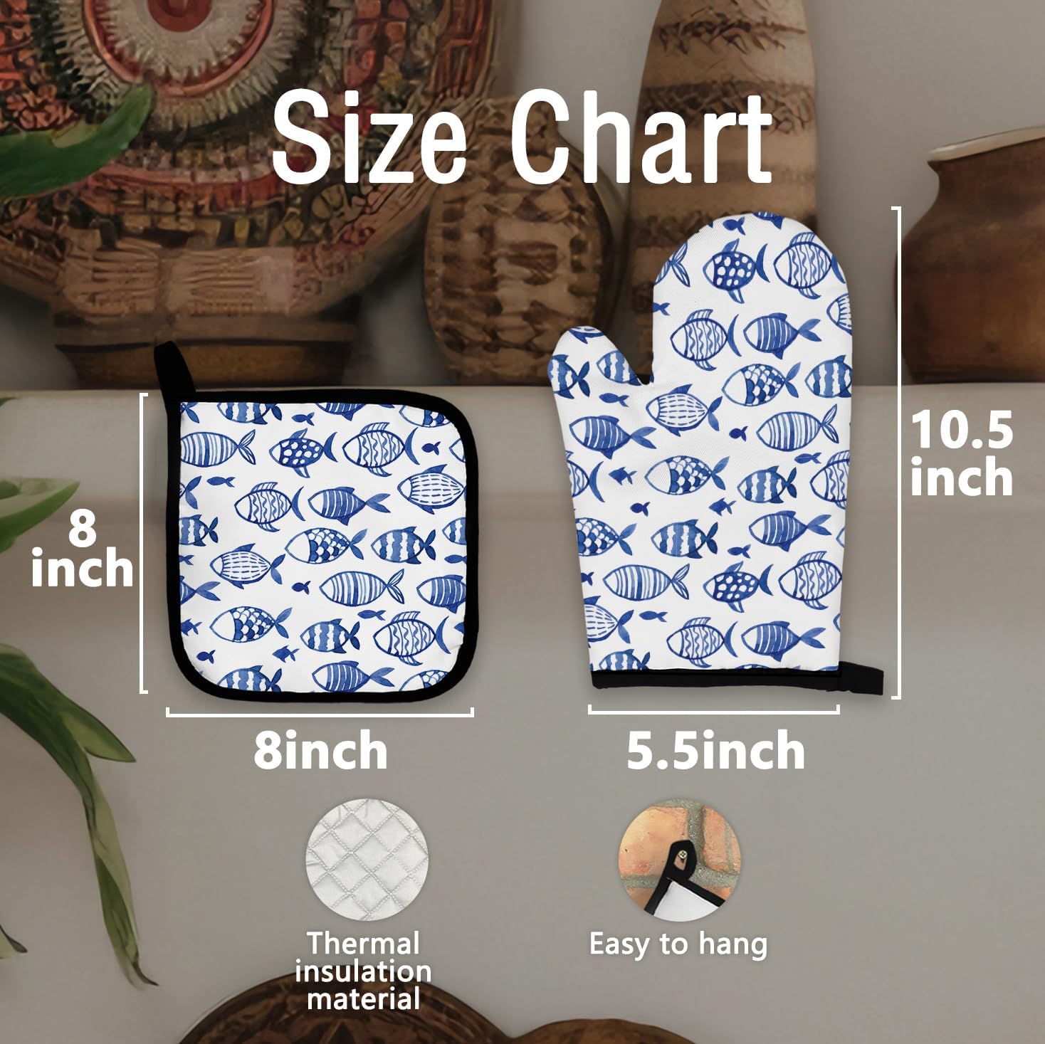 Coastal Beach Blue Fish Oven Mitts and Pot Holders Sets, Fish Gifts Oven Mitts, Blue and White Nautical Ocean Fishing Over Mittens for Kitchen Decor, Beach Over Gloves Gifts