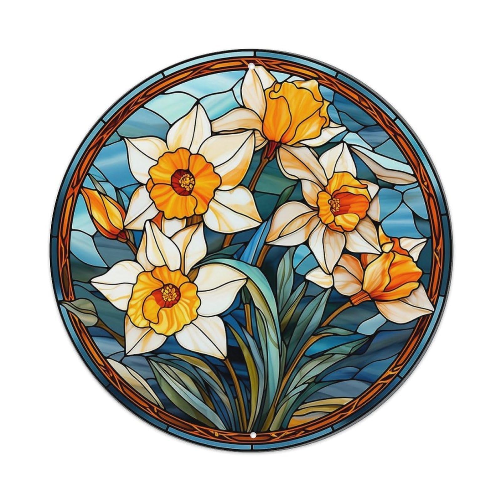 Stained Glass Floral Design Pattern Round Tin Sign Vintage Metal Sign Home Bar Garden Indoor & Outdoor Wall Decor Retro Metal Poster 8x8 Inch