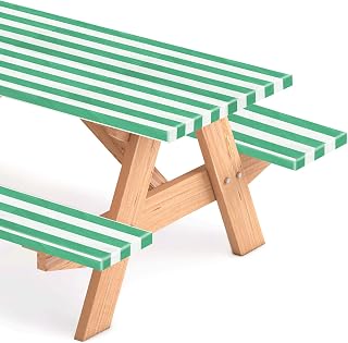 SmoothNovelty Picnic Table Cover with Bench Covers 72 x 30 Inch Waterproof Elastic Fitted Outdoor Stripe Tablecloth for 6 ft Rectangle Tables, School Camping Accessories Park(Aqua Color and White)