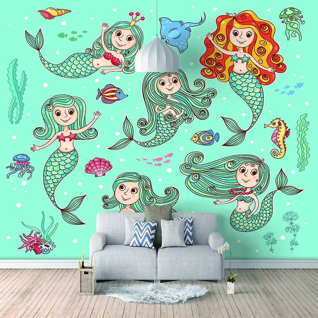 Papier peint sirène 3D auto-adhésif poster mural canevas pour chambre d'enfant fille 350x256cm