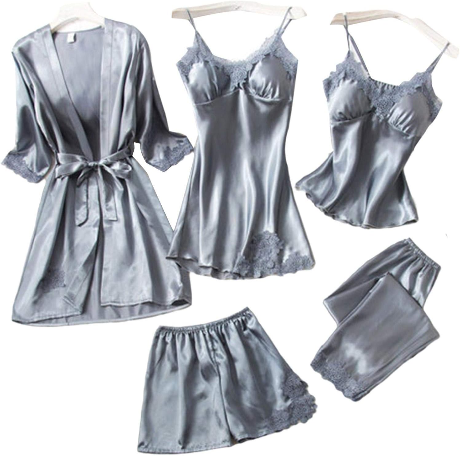 watersouprty Womens 5Pcs Pyjama Set Nightwear Silk Satin Pajamas Sleepwear Solid Nighties Robe Dressing Gown Nightdress Gray