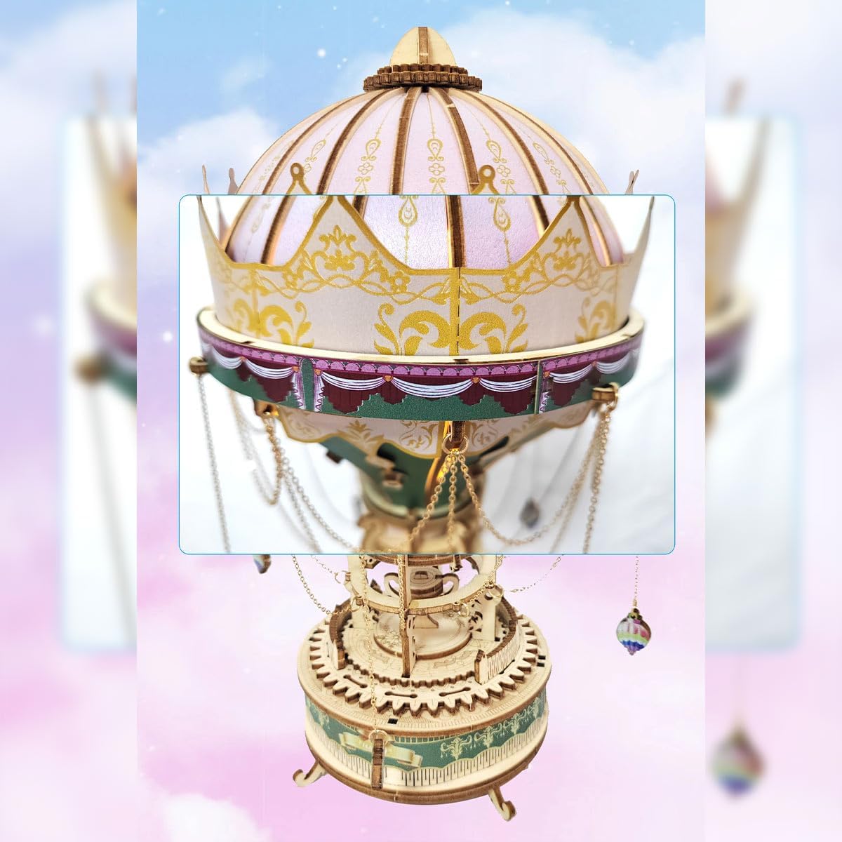 3D Wooden Puzzles for Adults, Dream Hot Air Balloon DIY Handcrafted Steampunk Rotating Music Box Model Kit with LED Lights, Creative Home Decor Gifts for Adults Youth (141PCS)