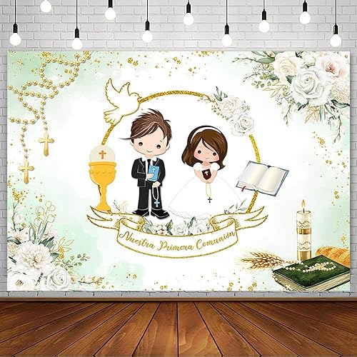 Miniatura 4 de AIBIIN Telón de fondo de bautismo de 8 x 6 pies para gemelos Mi Primera Comunión Bautizo Fondo de fotografía de bautizo Dios bendiga Nuestra Primera