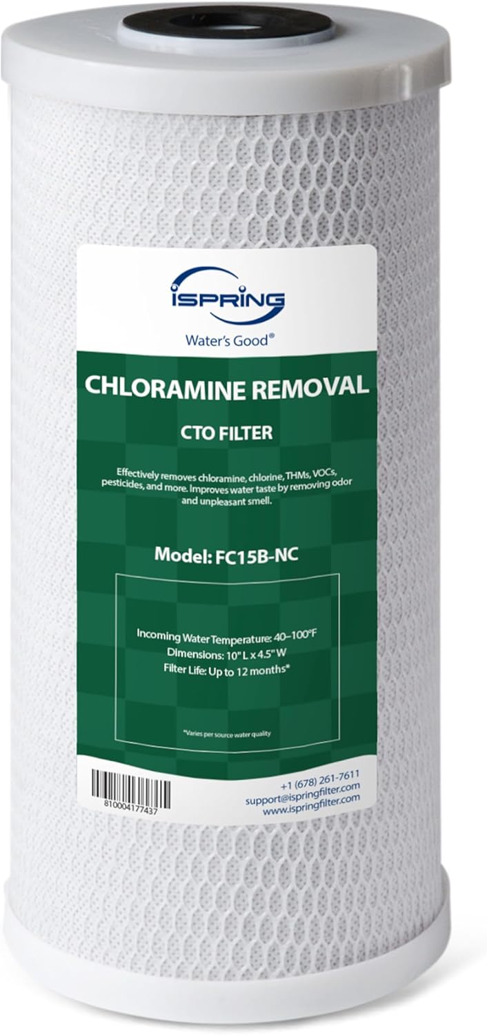 iSpring FC15B-NC 10” x 4.5” Whole House Water Filter, SGS-Tested to Remove up to 94.4% of Chloramine, Reduces Odor, Chlorine, Sediment