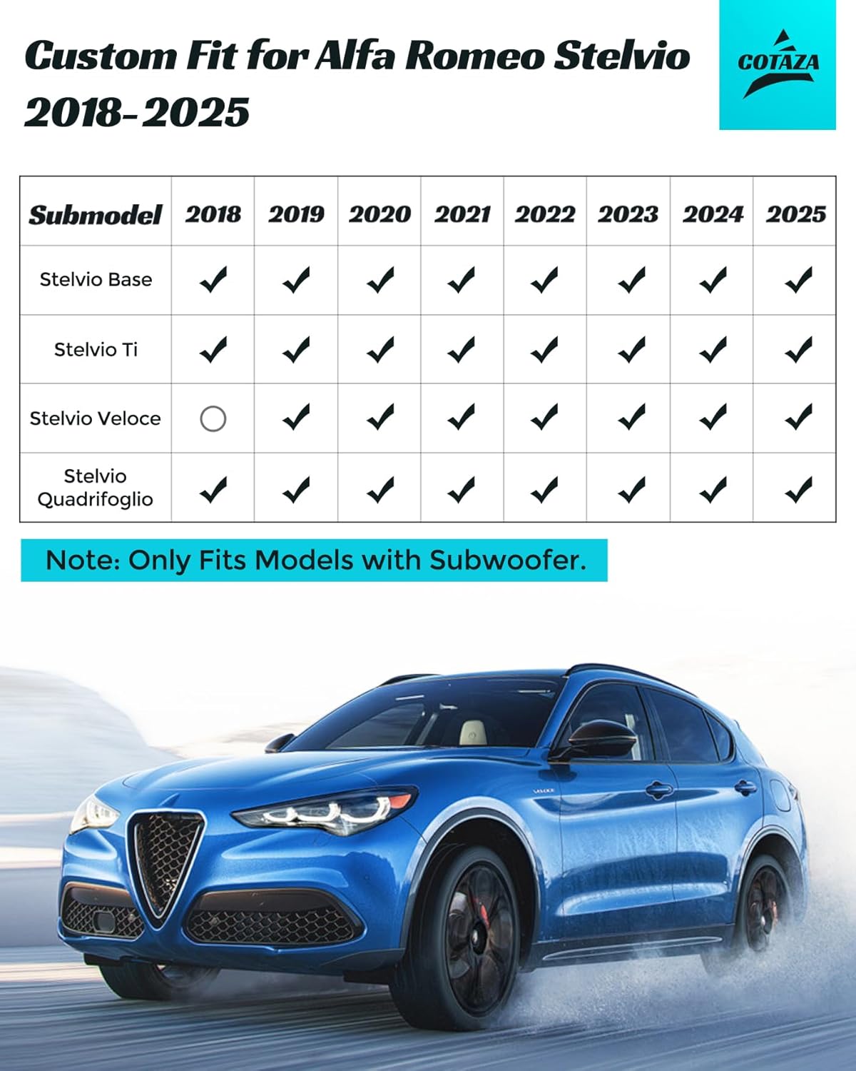 Car Floor Mats for Alfa Romeo Stelvio 2018-2025 (with Subwoofer), All Weather Black Rubber Liners for Cars Full Set, Custom Fit Trunk Mat for SUV, Accessories for Alfa Romeo Stelvio 2025 2024 2023