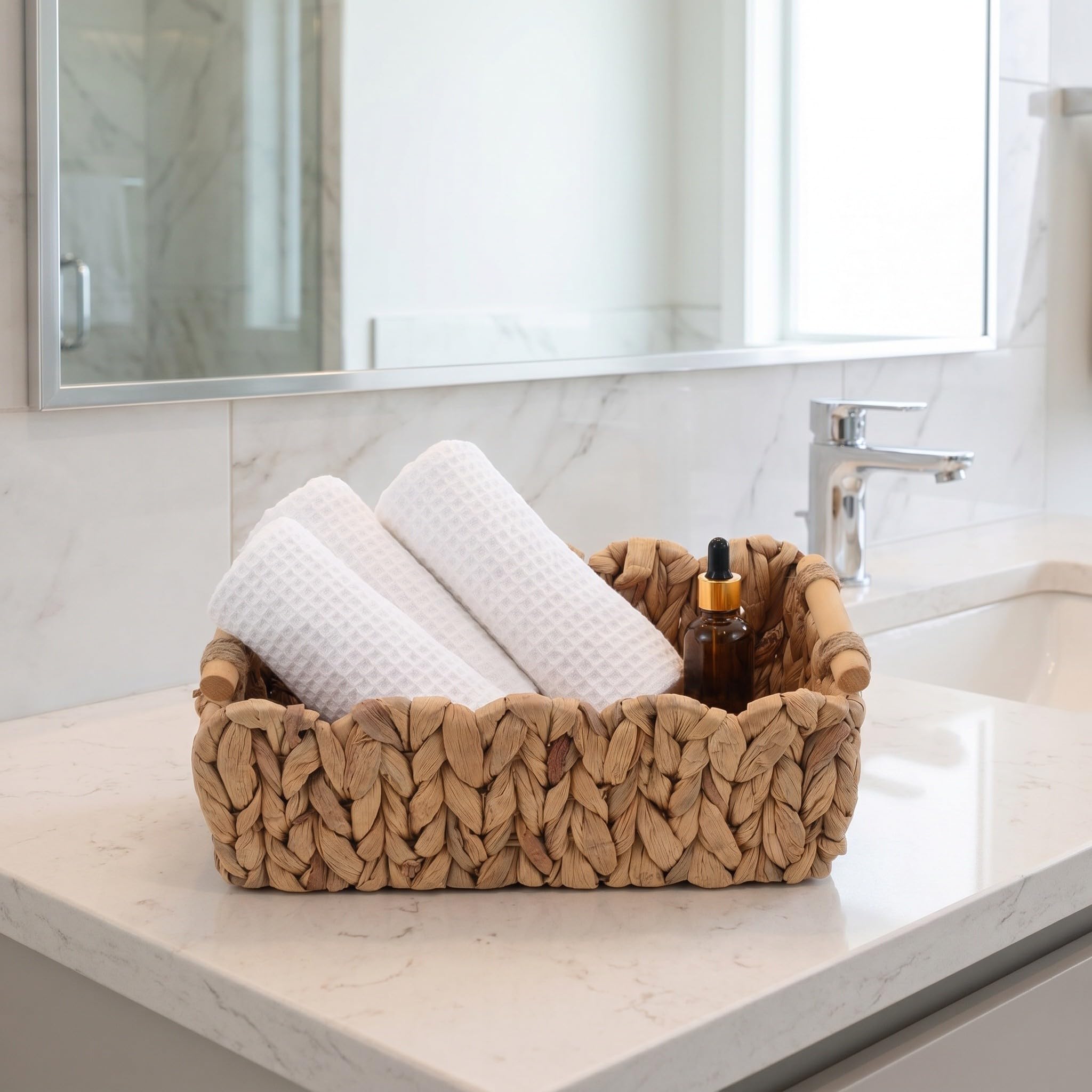 Cestas de almacenamiento tejidas: Cesta de tejida a mano - Organizador de escritorio de 30 x 14 cm - Caja de tocador para baño para guardar maquillaje, loción y joyas.