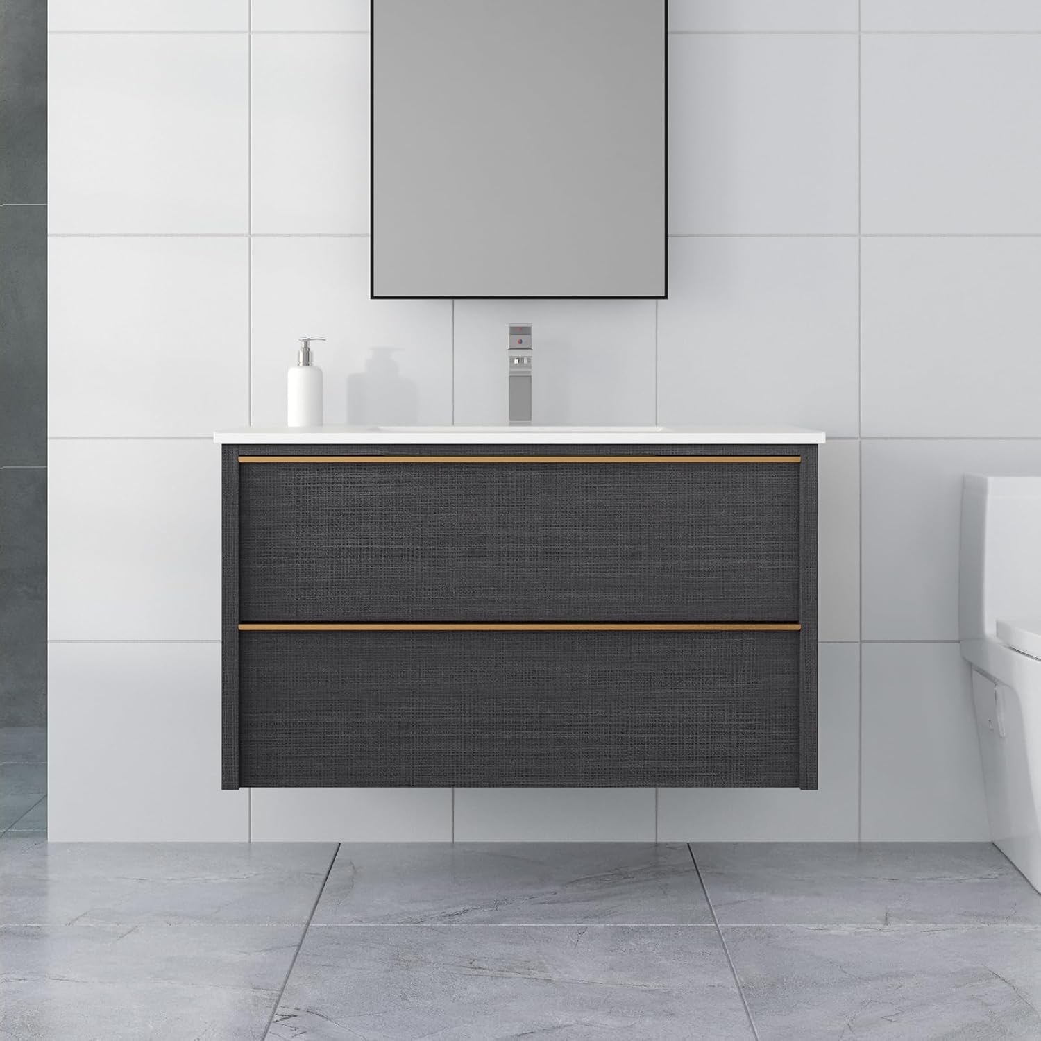 36 Inch Bathroom Vanity with Sink, Floating Vanity Bathroom, Modern Wall Mount Bathroom Cabinet, Double Drawers, Gold Handle, Suitable for All Kinds of bathrooms (with Sink, 36")