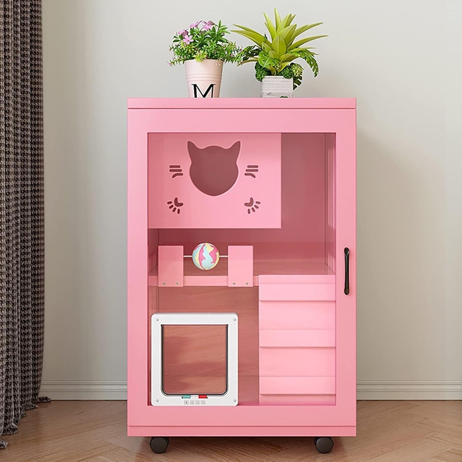 Gabbia Pieghevole in Legno massello – Porta, 4 Ruote, 60x60x90 cm(Pink Wood)
