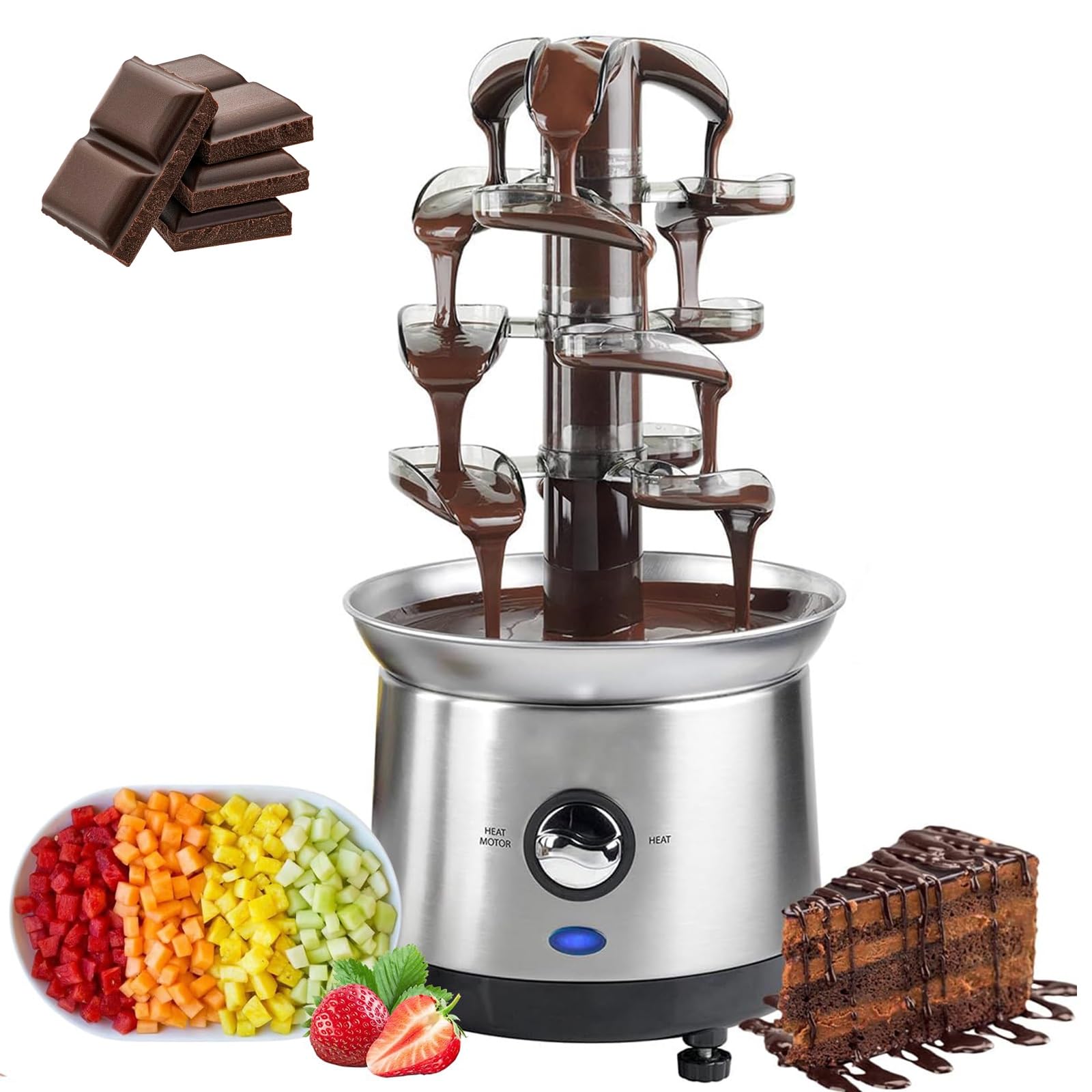 Fontana per fonduta di cioccolato, 4 ripiani, in acciaio inox, potenza 170 W, capacità 2,6 l, perfetta per matrimoni, compleanni, Natale, riunioni e feste