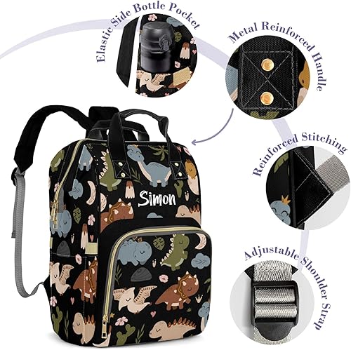 Miniatura 5 de Lindo dinosaurio tropical gran capacidad personalizado bolsa de pañales para bebé niño niña nombre personalizado bolsa de pañales mochila, Negro 02,