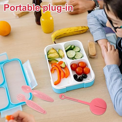 Miniatura 5 de Juego de cubiertos de 3 piezas, juego de utensilios para niños con caja, juego de cubiertos reutilizables, tenedor y cuchara de plástico portátil