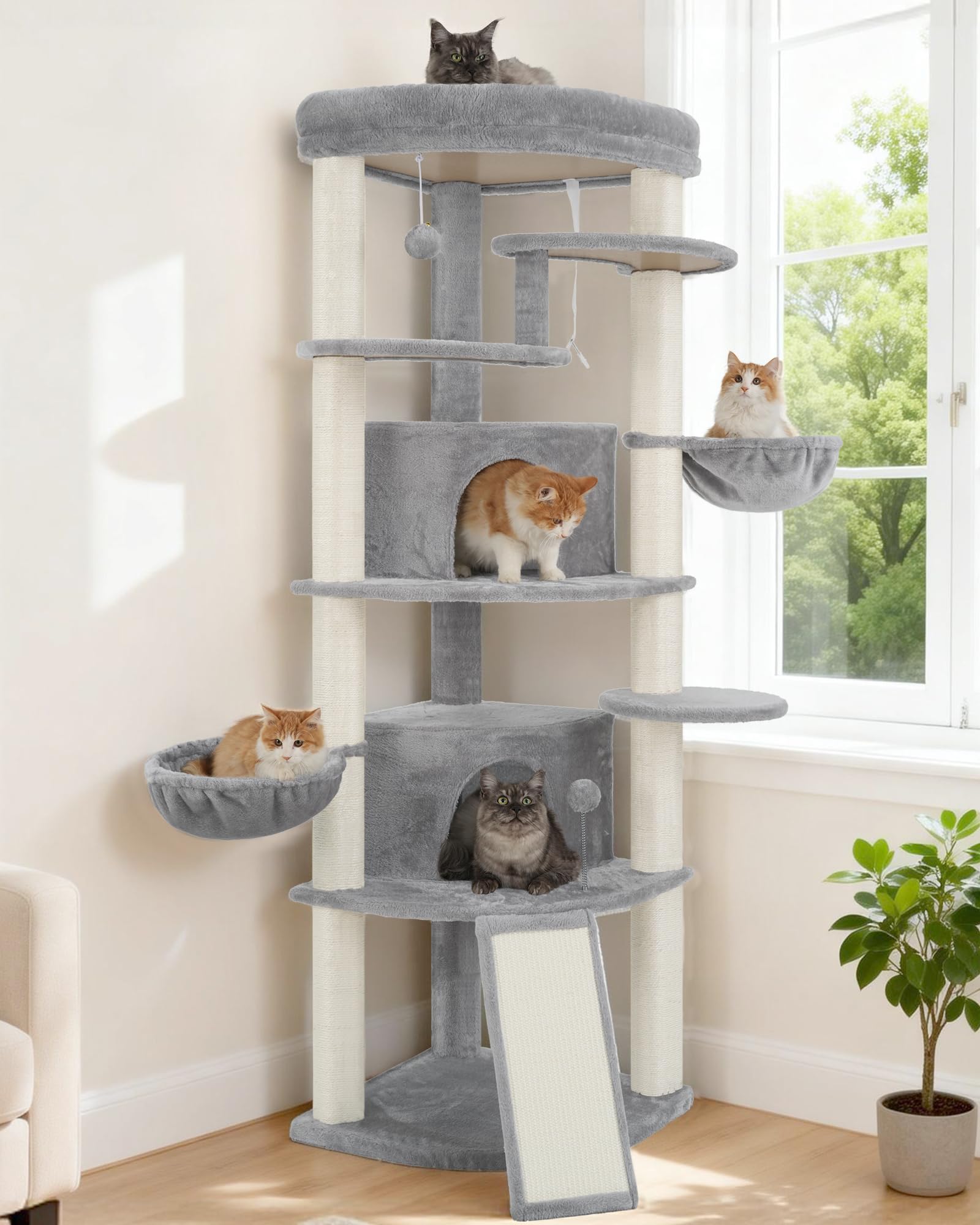 Gitelsnour Eck-Kratzbaum, Katzenbaum für Innenbereich, Mehrstöckiges katzenkratzbaum mit Sisal Kratzsäulen, 2 Katzenhöhlen, großer Oberplattform, 2 Hängender Katzenkorb, Hellgrau GCT035W
