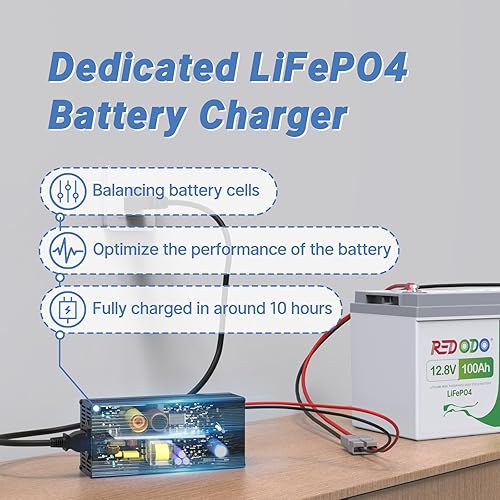 Miniatura 3 de Redodo Batería LiFePO4 de 12.8 V 100 Ah con cargador de batería de litio de 14.6 V 20 A; BMS de 100 A integrado, 5 horas de carga rápida y completa,