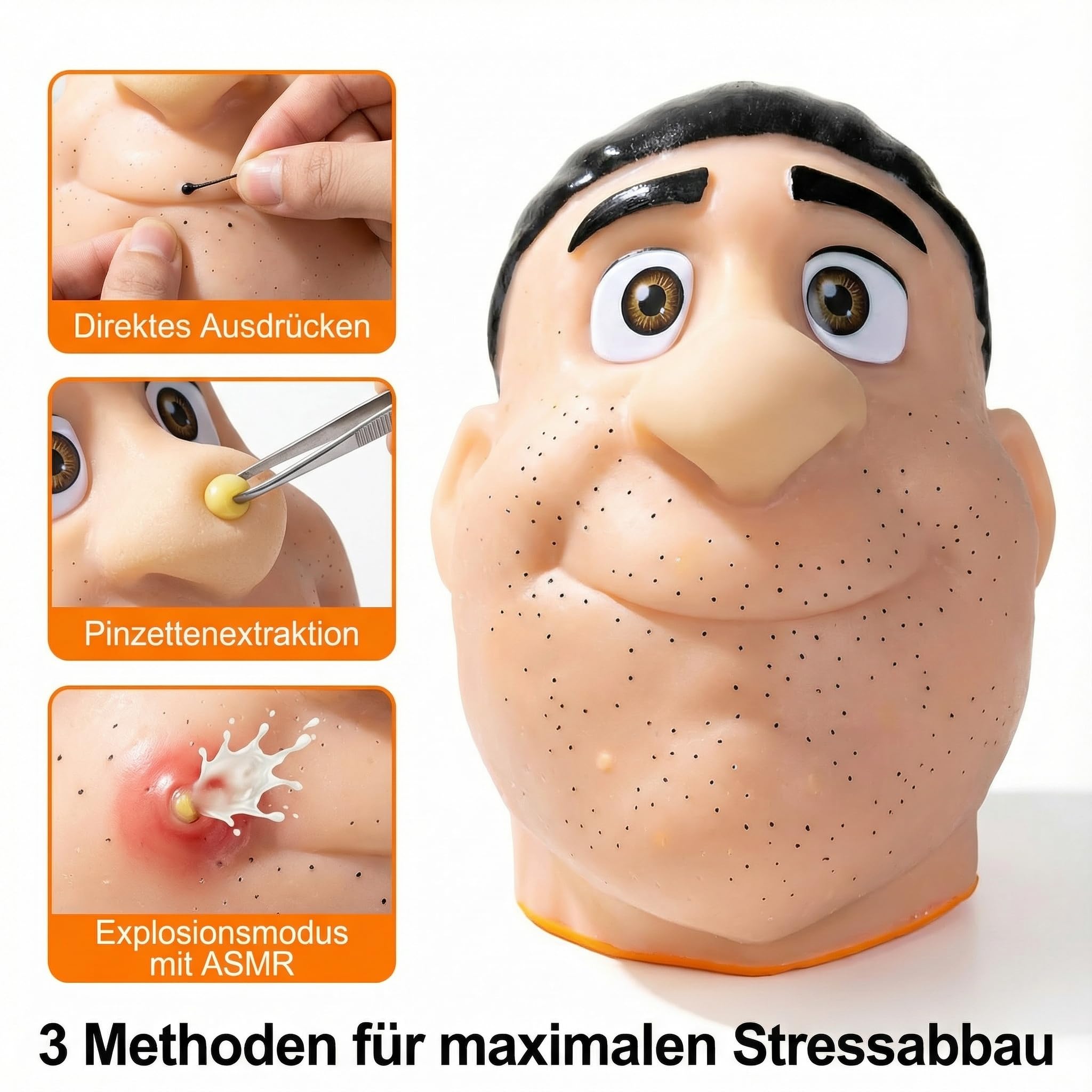 Pickel Ausdrücken Spielzeug 25 cm, Anti Stress Kopf mit Pinzette | realistische Hautstruktur, weiches Silikon, nachfüllbar, Pinzette, Mitesser Spiel, Büro & Zuhause, Geschenkidee