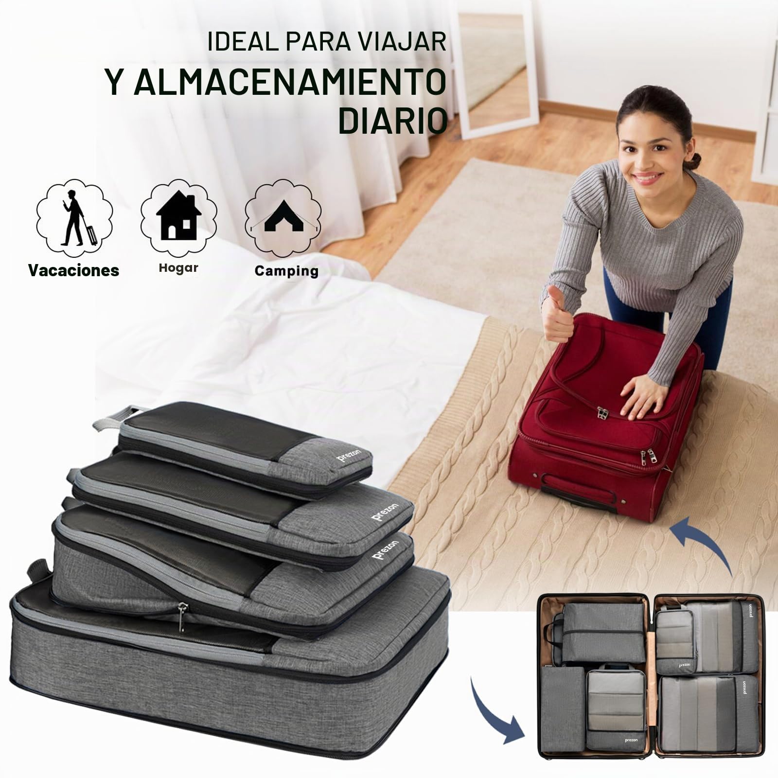 Conjunto de 4 cubos de embalaje compresibles, organizadores de maleta extensibles para viajes y almacenamiento en casa, Gris