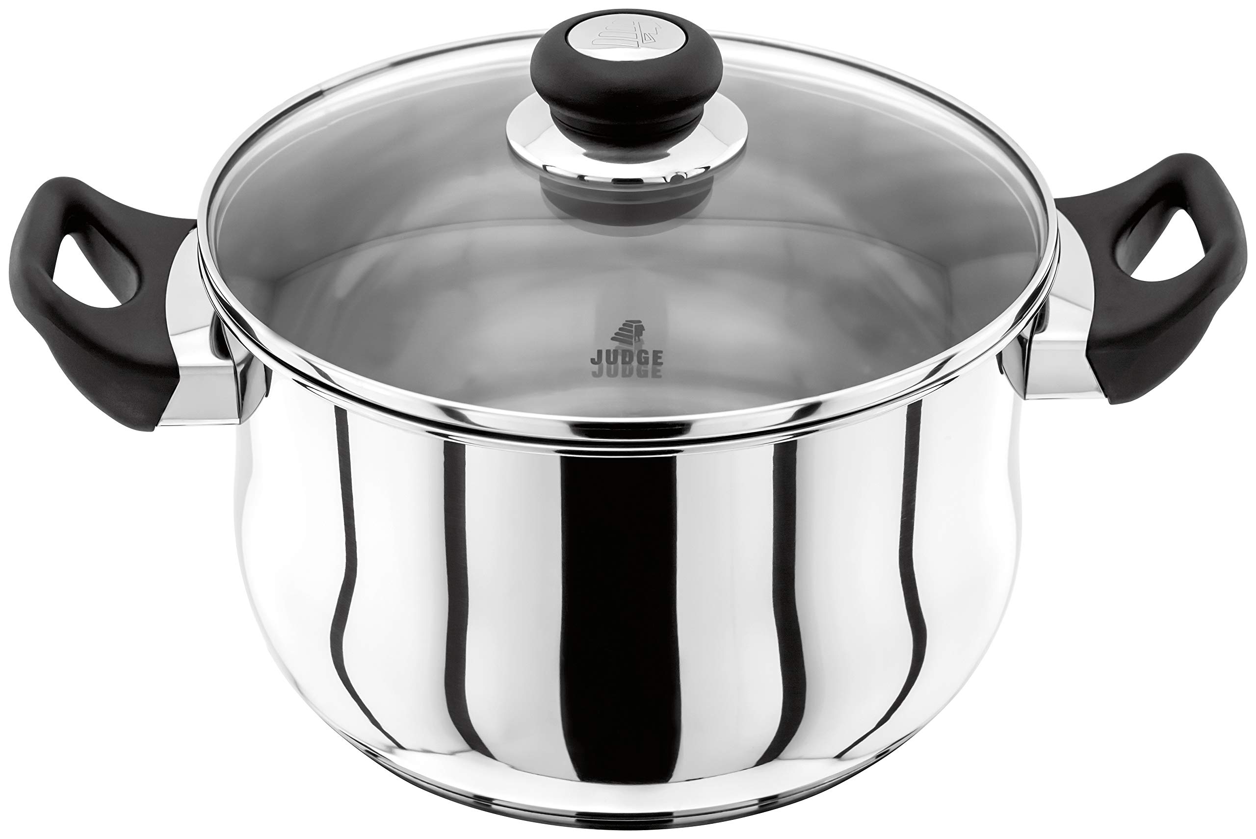 JudgeVista JJ45A Stainless Steel Huge Stockpot with Twin Handles 24cm 5L, Shatterproof Vented Glass Lid, Induction Ready, Oven Safe, 25 Year Guarantee