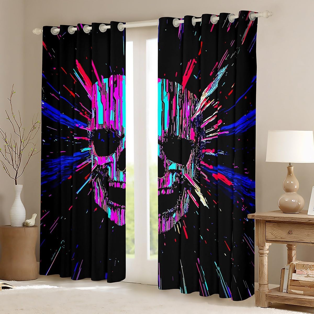 Sugar Skull Window Curtains,Trippy Mandala Style Curtains Colorful Lines Skeleton Window Treatment Curtain for Kids Teens Girls Boys Room Decor,Modern Black 2 Panels Set,38Wx45L