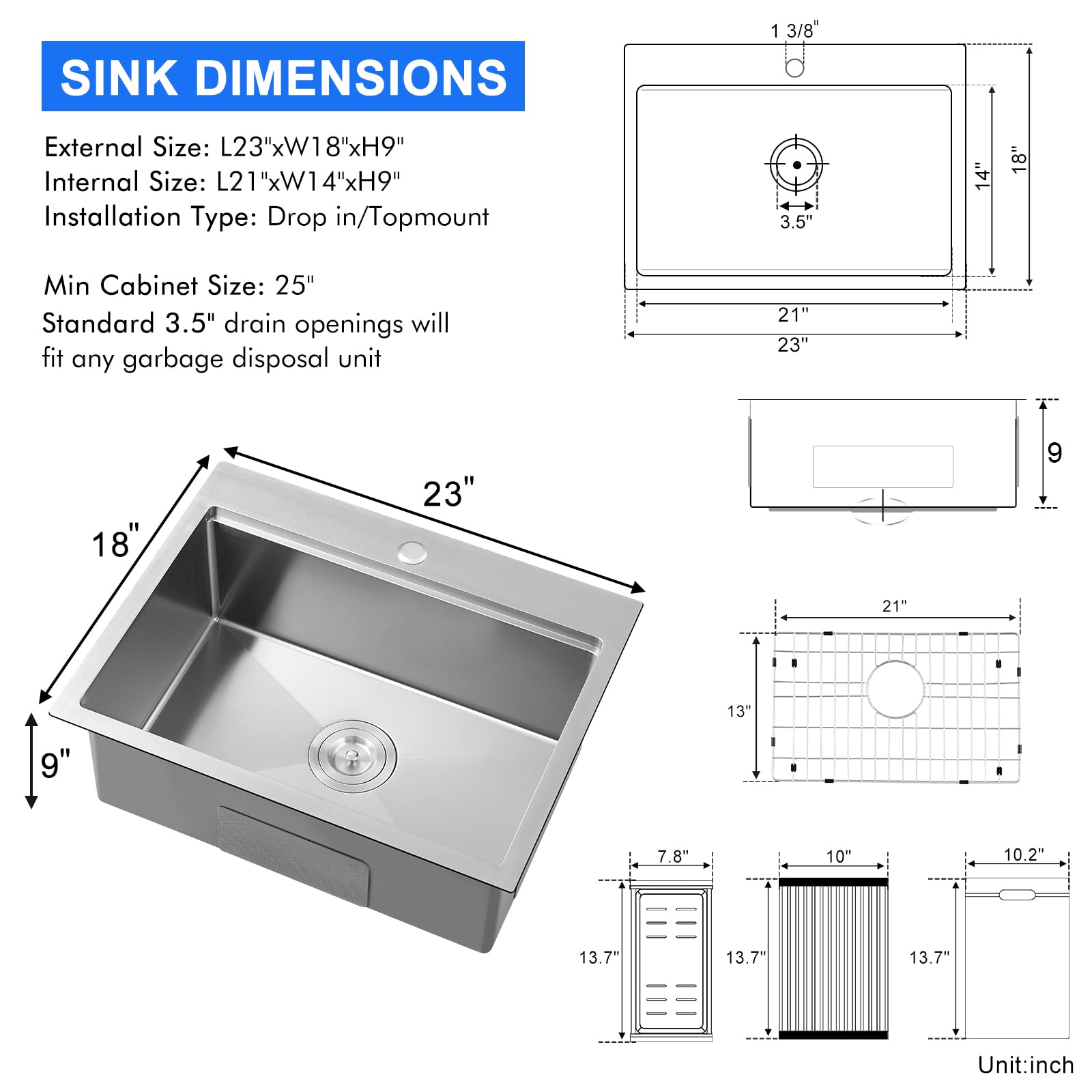 MENATT Edelstahlspüle 63,5 X 45,7 Cm – 18 Gauge, Topmount Mit Schneidebrett & Sieb