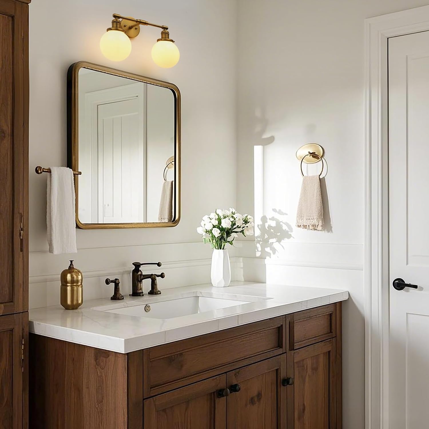Pathson Milk White 2-Light Wall Sconces, Hardwired Bathroom Sconces for Mirror, Globe Glass Wall Vanity Lights Vintage Wall Sconce Lamp for Living Room Bedroom Farmhouse Lighting