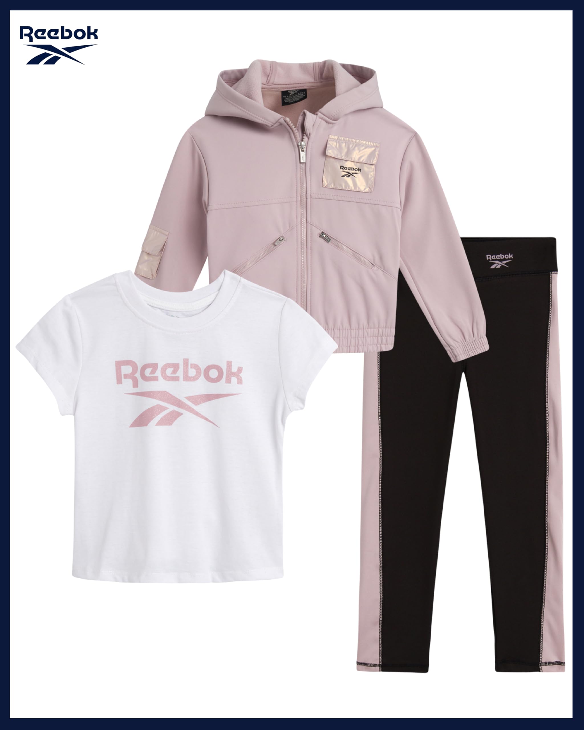 Reebok Set di abbigliamento sportivo per bambine e bambine, 3 pezzi, in pile, con felpa con cappuccio e pantaloni da jogging