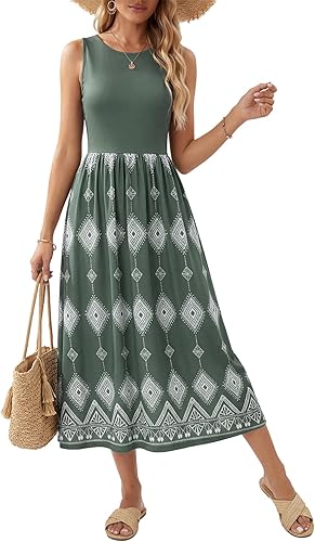 Umenlele Women's Print Elastic Waist A Line Round Neck Sleeveless Flowy Maxi Lon