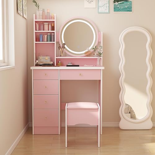 AIEGLE Lighted Makeup Vanity Set - 3 Color LED Mirror, Drawers & Cushioned Stool, Pink Round Mirror - Pink - Round Mirror