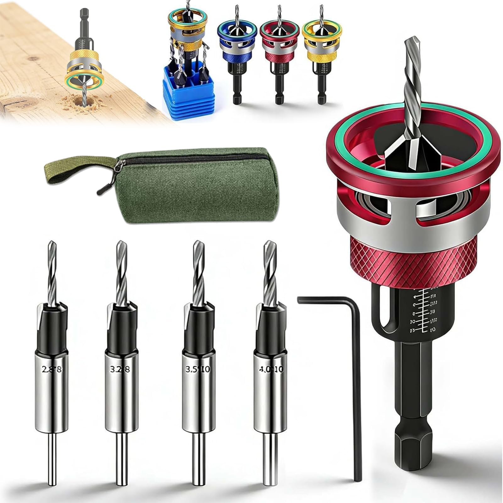 Two-Flute Counterbore with Adjustable Depth Stop, Countersink Drill Bit Set with Depth Stop 4PCS, Four-Flute HSS M2 Tapered Drill Bits and Adjustable Depths Stops Collar, for Woodworking (Red)