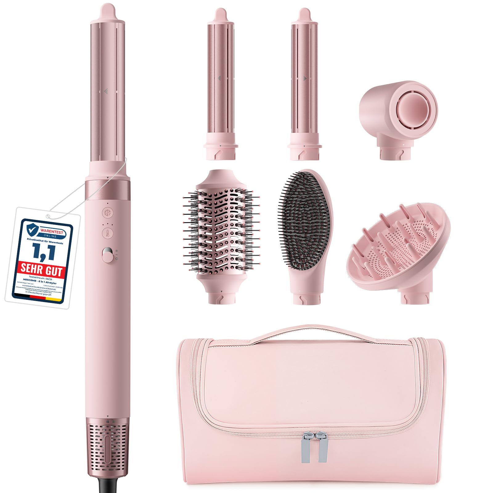 MESCOMB 6-in-1 Airstyler mit Diffusor, Warmluftbürste mit Auto-Wrap Lockenstab, Ionen Haartrockner Bürste mit Volumenbürste & Glättbürste, Hairstyler für Locken, Glätten, Volumen, mit Reisetasche