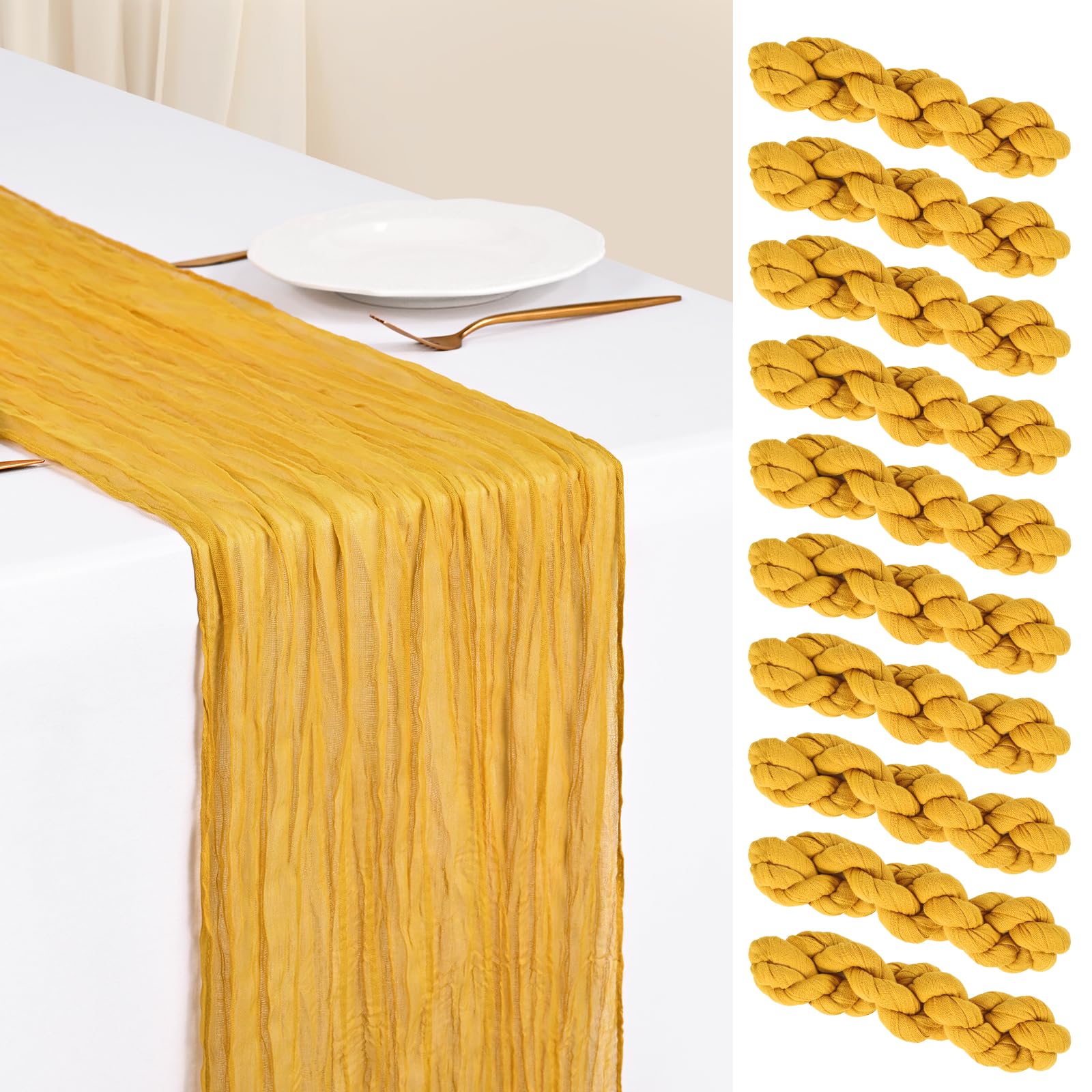 Photo 1 of 10 Pack Gold Table Runner Cheesecloth Table Runner 17 x 108 inch Boho Gauze Cheese Cloth Table Runners Rustic Sheer Table Decorations for Wedding Party Bridal Baby Shower Birthday Home