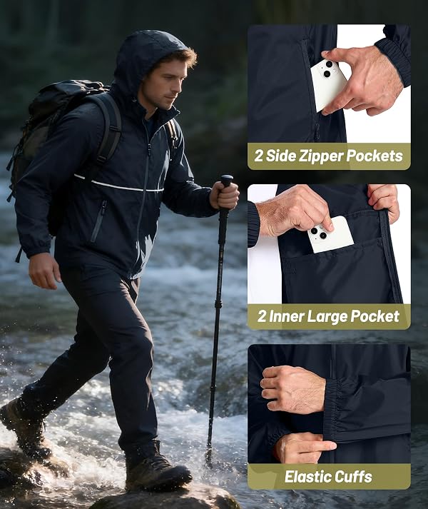 ZITY Men's Waterproof Rain Jacket Lightweight Packable Hooded Raincoat‌ Windbreaker for Golf Hiking Travel Grey Blue XXL by ZITY - Image 6