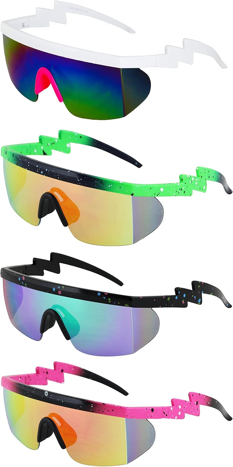 FLAWLESS EYEWEAR Semi Rimless Goggle Style Retro Mirrored Lens ZigZag Sunglasses (2 PACK: Rainbow/Pink and Pink/Yellow)