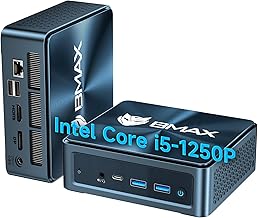 BMAX Mini PC 12th Generation i5-1250P Mini PC Intel Core i5-1250P Windows 11 Pro 12 Core 16 Threads Max 4.4 GHz 24 GB LPDDR5 + 512 GB NVMe SSD Simultaneous 3 Screen Output (HDMI 2.1 + DP1.4 + Type-C