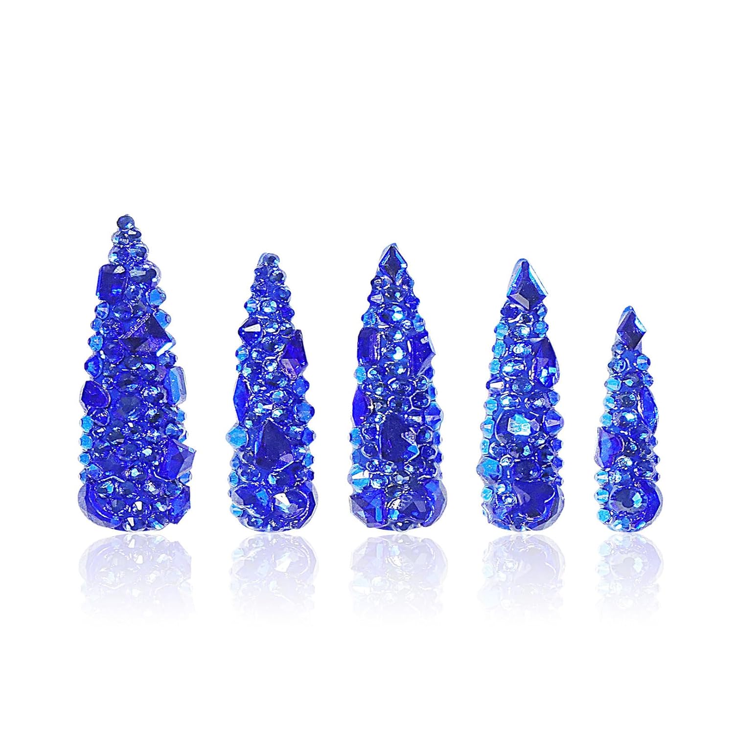 LOVFUL Press on Nails Deep Sea Classic Rhinestone | Handmade with Full Covered Crystals | Reusable Full Cover Nails | Stiletto Mid Length 1.7 in | H75-M