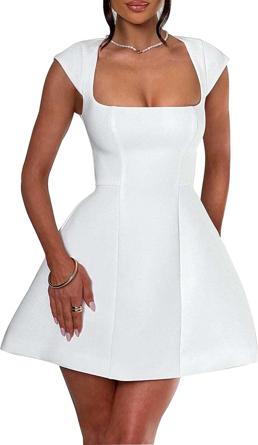 LuFeng Women's Square Neck Cap Sleeve Fully Lined Mini Dress Zipper A Line Party Club Dresses - Image 4