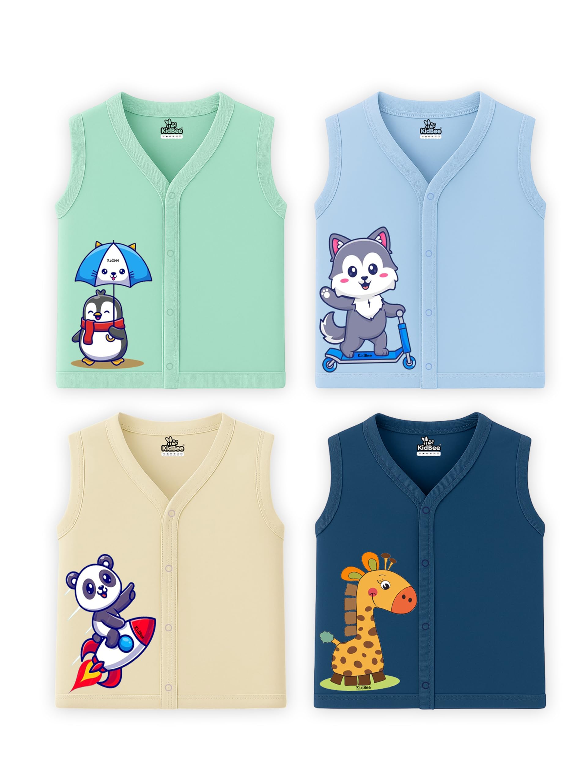 kidbee Baby Cotton Sleeveless Front Open Jabla – Pack of 4 | Soft V-Neck Button Tops for Newborn & Infant-picture-28