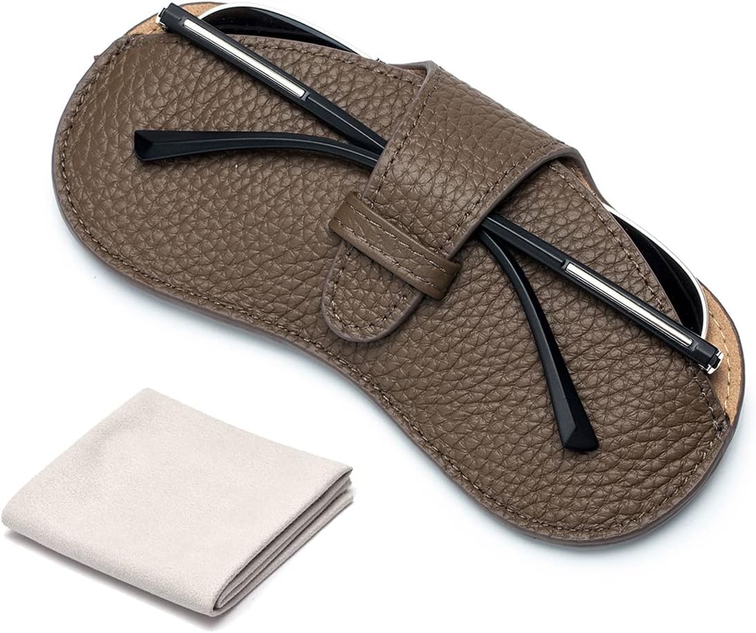 Portable Genuine Leather Glasses Case, Slim Travel Sunglasses Pouch, Soft Reading Eyeglasses Case (Khaki)