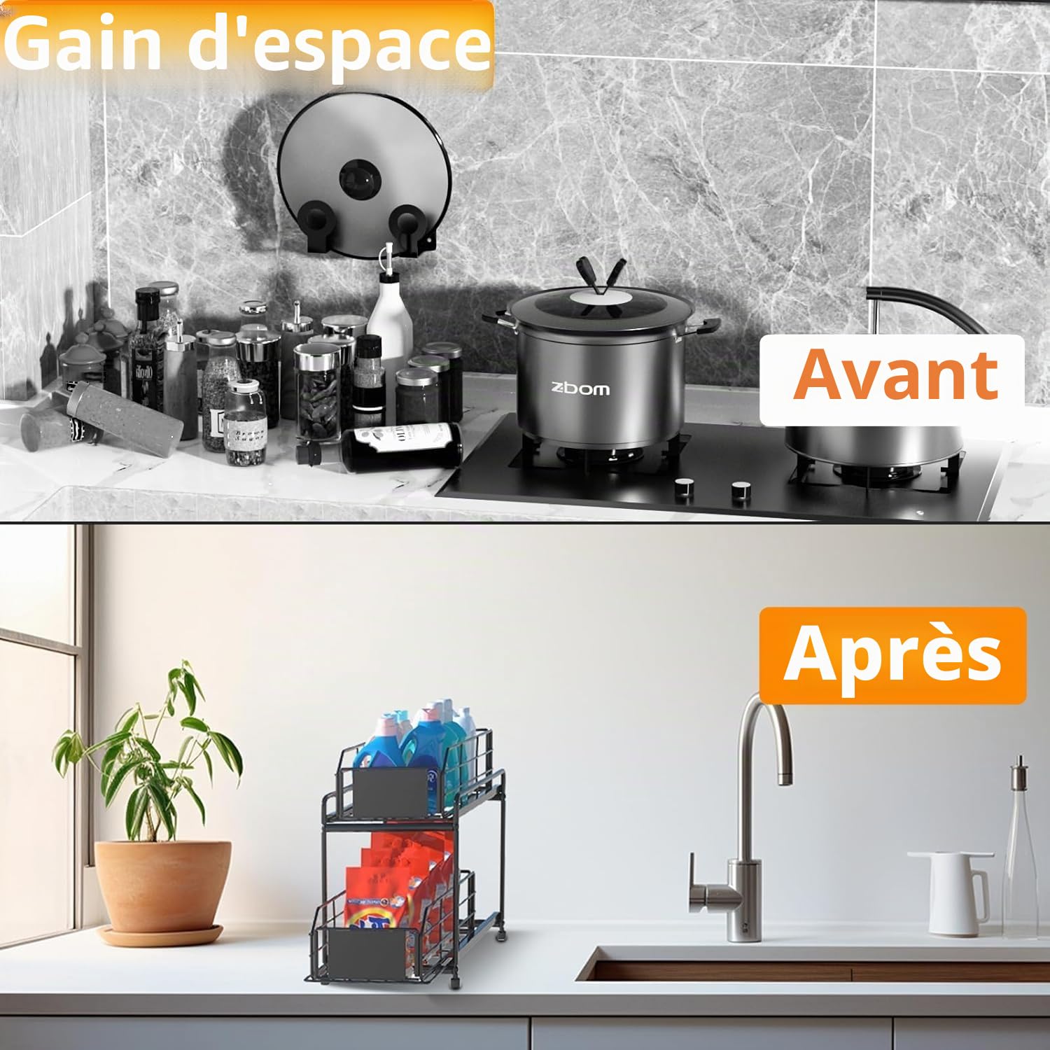 SOONHUA Rangement sous Évier, 2 Niveaux Coulissant Organisateur Sous Evier, Rangement Produits Menagers pour Cuisine, Salle de Bain, Garde-Manger, Armoire de Rangement