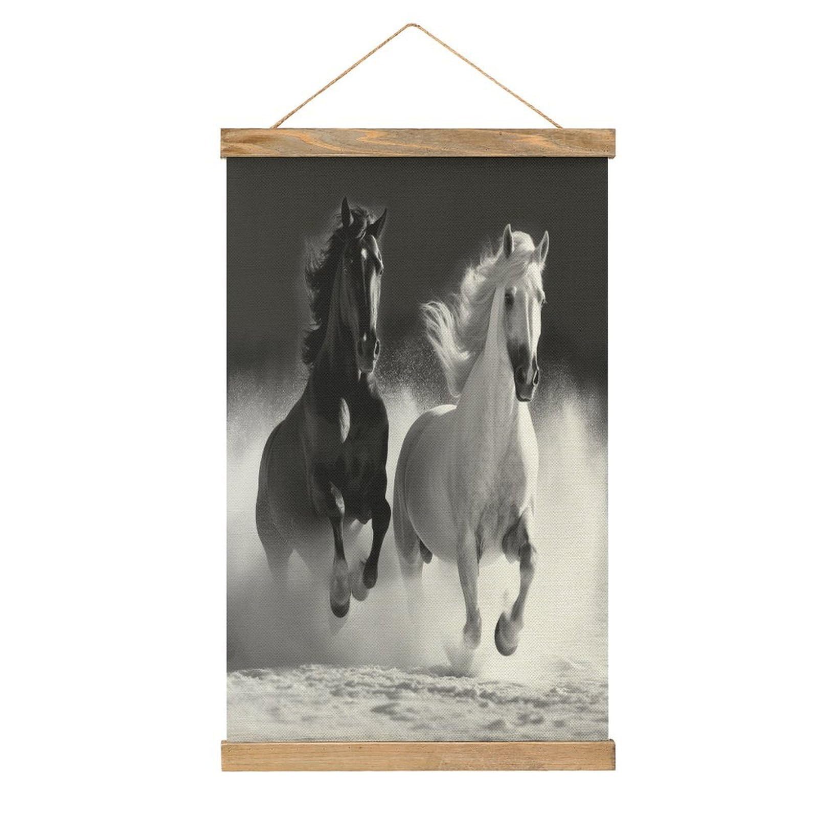 VstaDank Black And White Horses Running Hanging Poster with Wooden Frame Modern Linen Hanging Painting Retro Style Wall Decor Art Painting for Living Room,Bedroom Decor Poster Frame 20.4x13.1inch