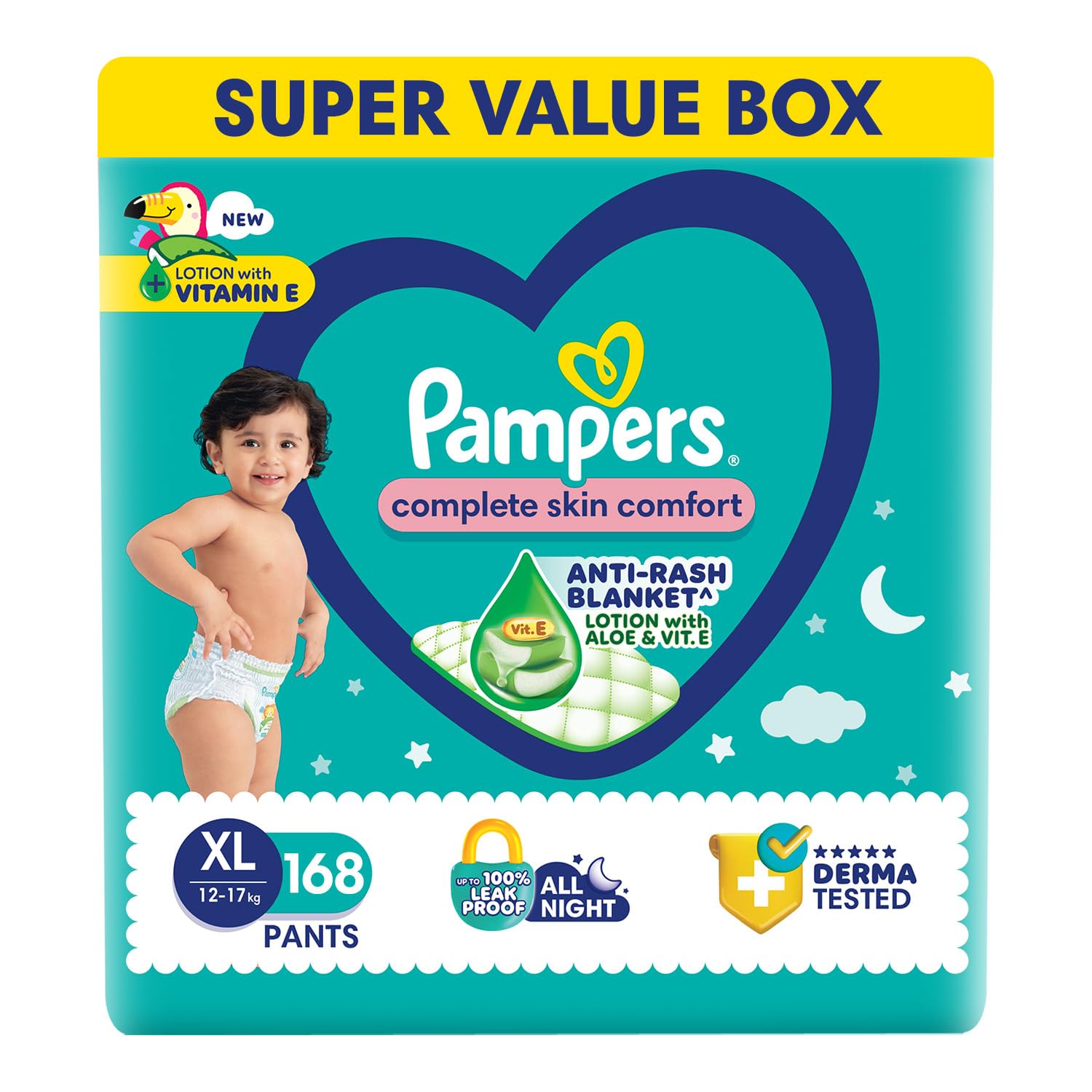 Pampers Complete Skin Comfort Pants| Pant style Diaper Extra Large, 168 count| Anti-Rash blanket lotion with Vit E and Aloe Vera | All night protection with leak proof technology(56 Count, Pack of 3)