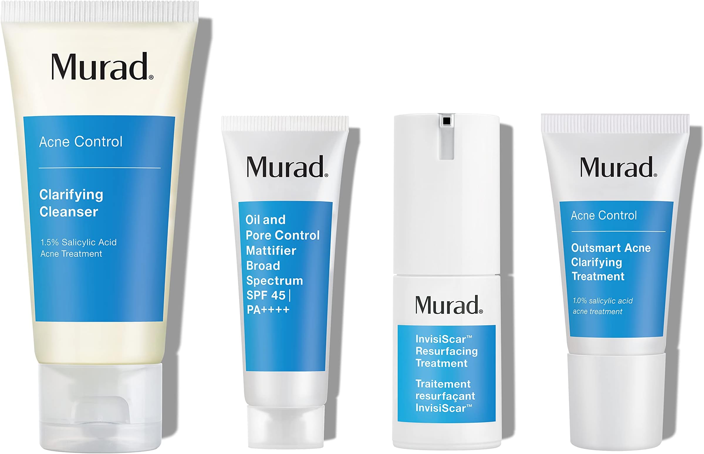 Murad 30-Day Invisiscar Acne Kit - 4-Piece Set $85 Value - Clarifying Cleanser, Oil & Pore Control Mattifier, Outsmart Acne Treamant, full size InvisiScar Treatment