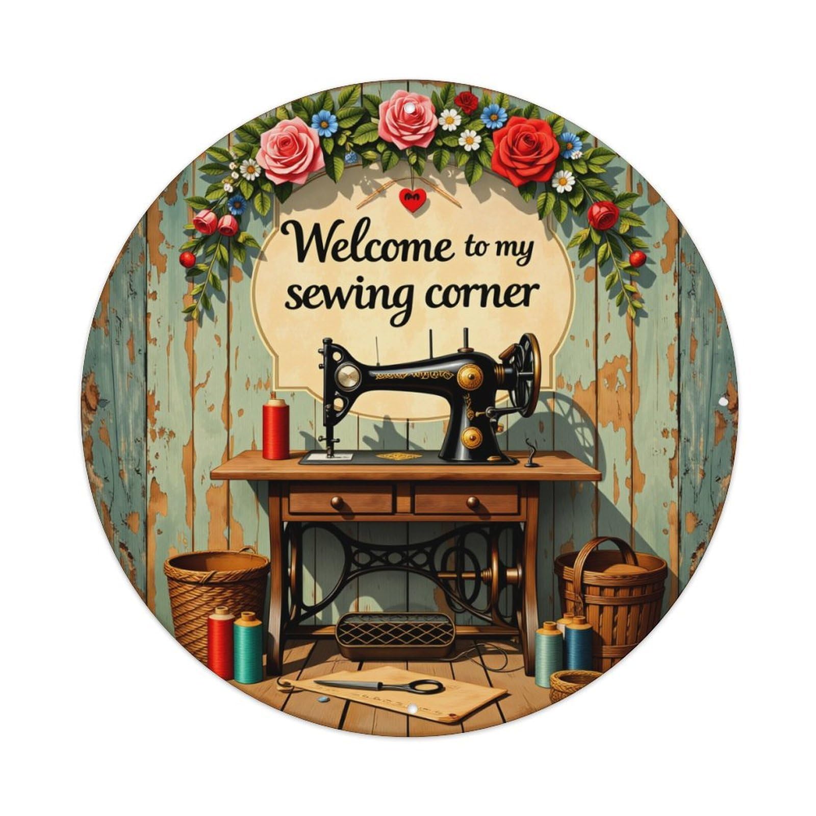 Floral Vintage Sewing Machine Scene Vintage Round Tin Sign Retro Metal Wall Decor Metal Poster, Home Bar Garage Cafe Wall Art Decoration 8x8Inches