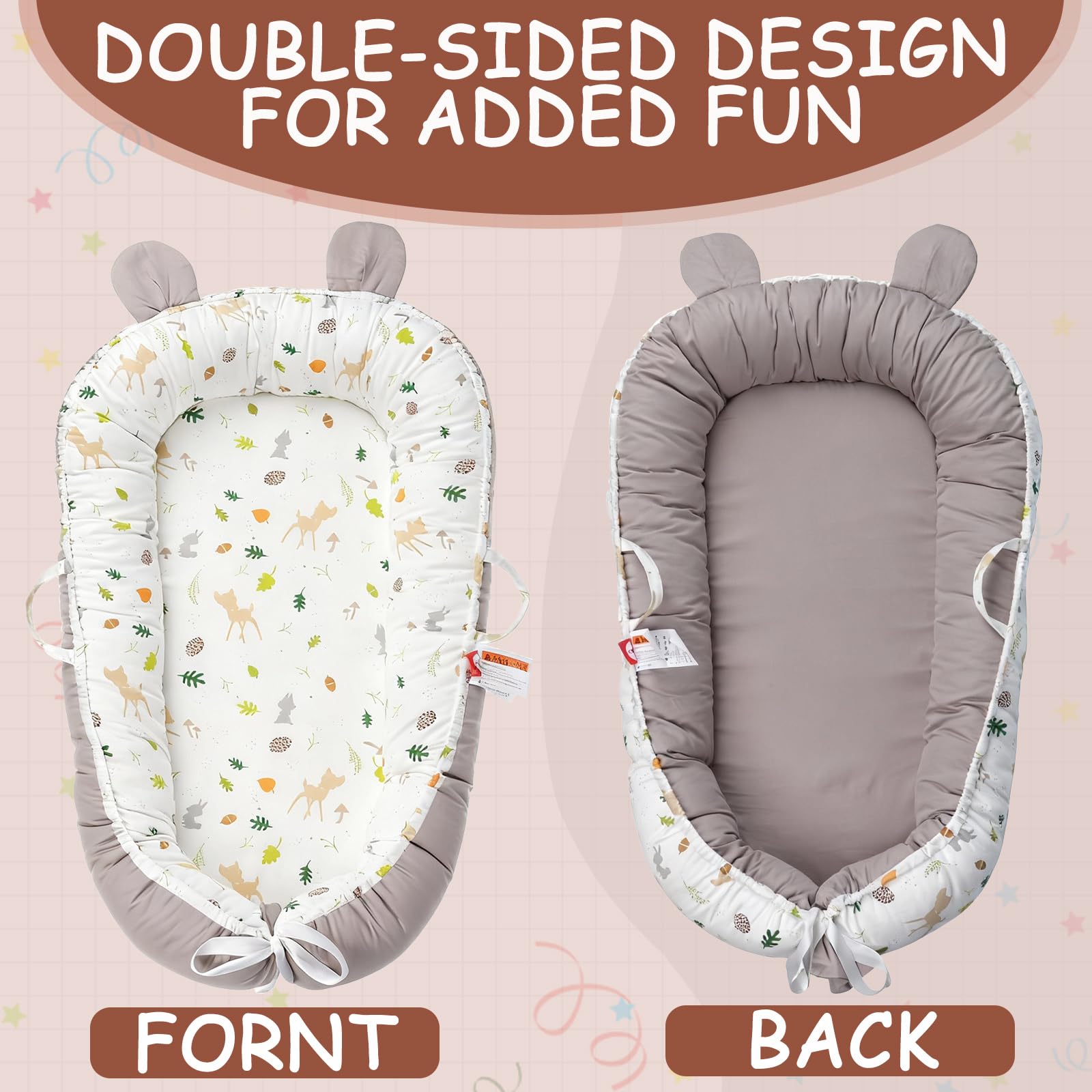 Huracan Baby Nestchen für Neugeborene, Babynest Weiches Kuschelnest aus 100% Baumwolle, Doppelseitig Baby Nest Inkl. Decke & 5 Waschlappen, Maschinenwaschbar, Tragbar Baby Bett für zuhause & unterwegs