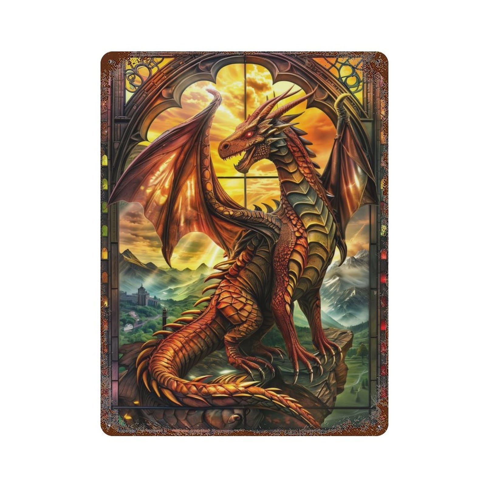 Rust Effect Serene Stained Dragon Vintage Rust Metal Sign 15.7"x11.8", Classic Wall Plaque for Shed, Workshop And Garage Wall Decor