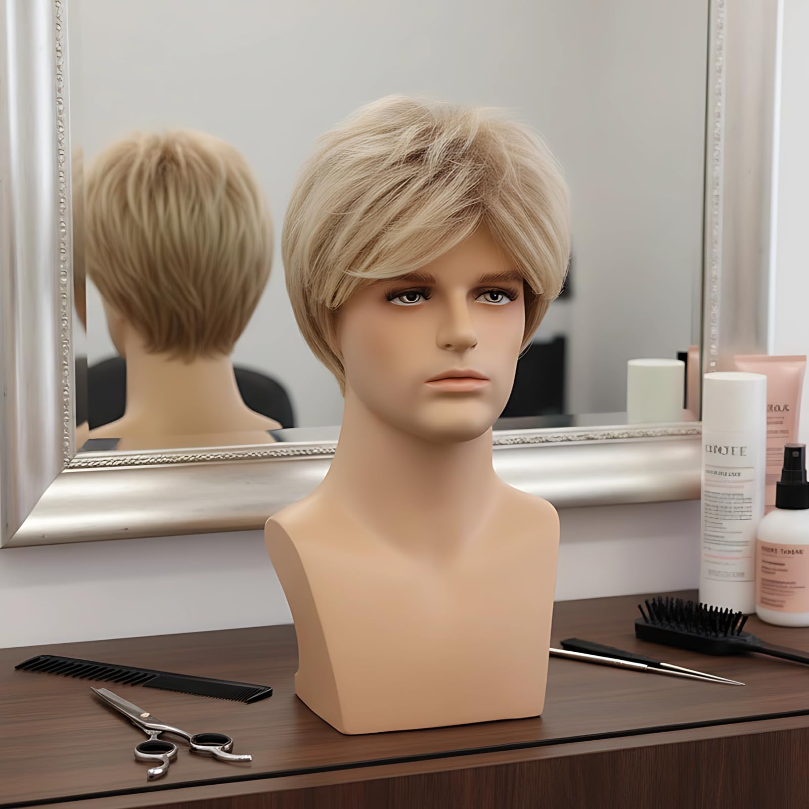 Lot de 2 perruques homme blond, cheveux synthétiques courts 4 in / 10,2 cm, remplacement capillaire brun doré, perruque cheveux Halloween