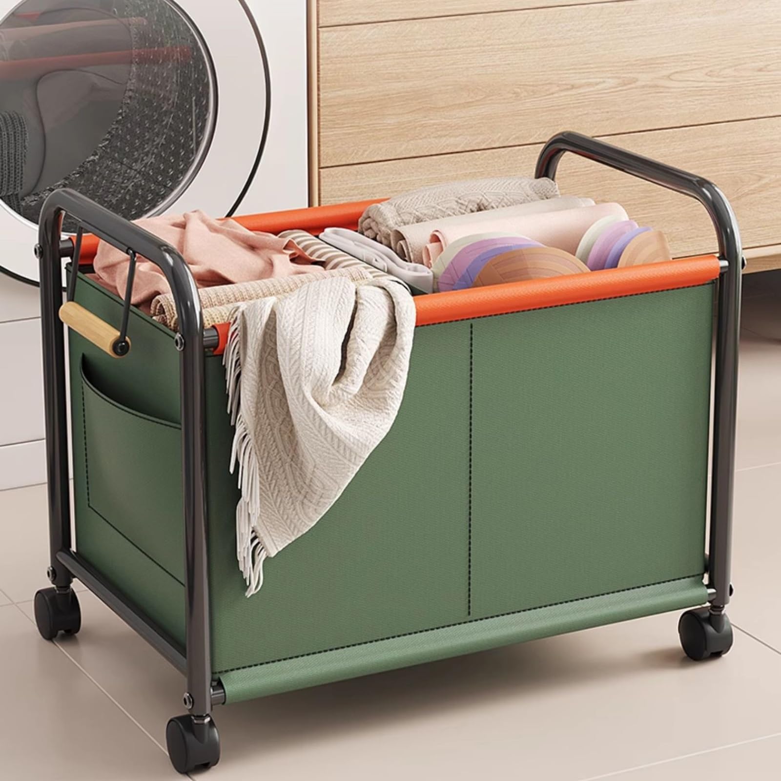 Carrello portabiancheria con design divisorio e borsa in tessuto Oxford, piccolo carrello commerciale per lavanderia con ruote (verde)